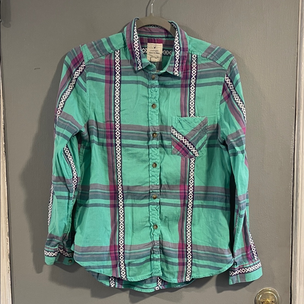 AEO Teal and Purple Aztec Western Patterned Shirt Sizeโ M
